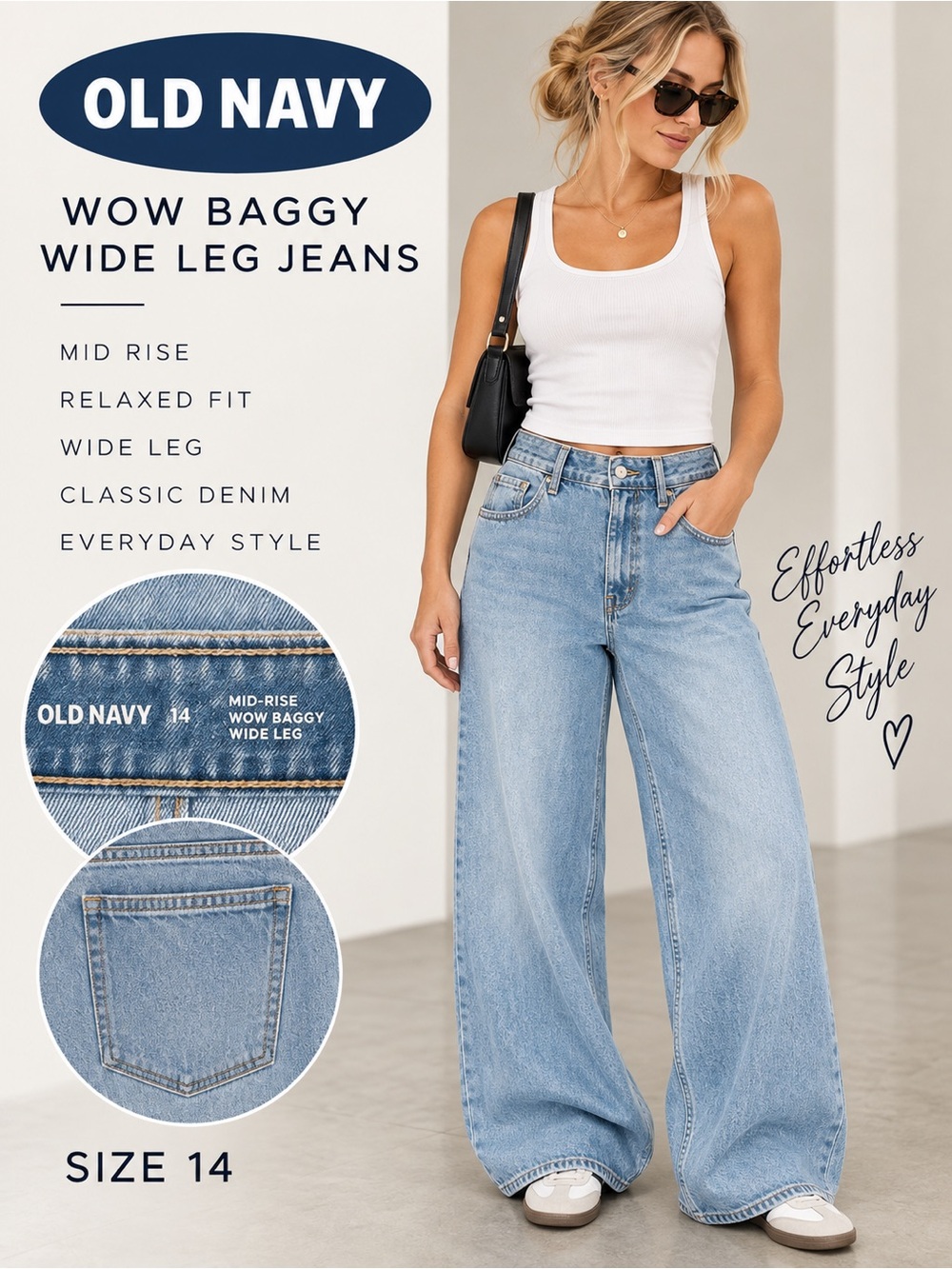 Old Navy WOW Baggy Wide Leg Jeans Size 14 Mid Rise Light Wash